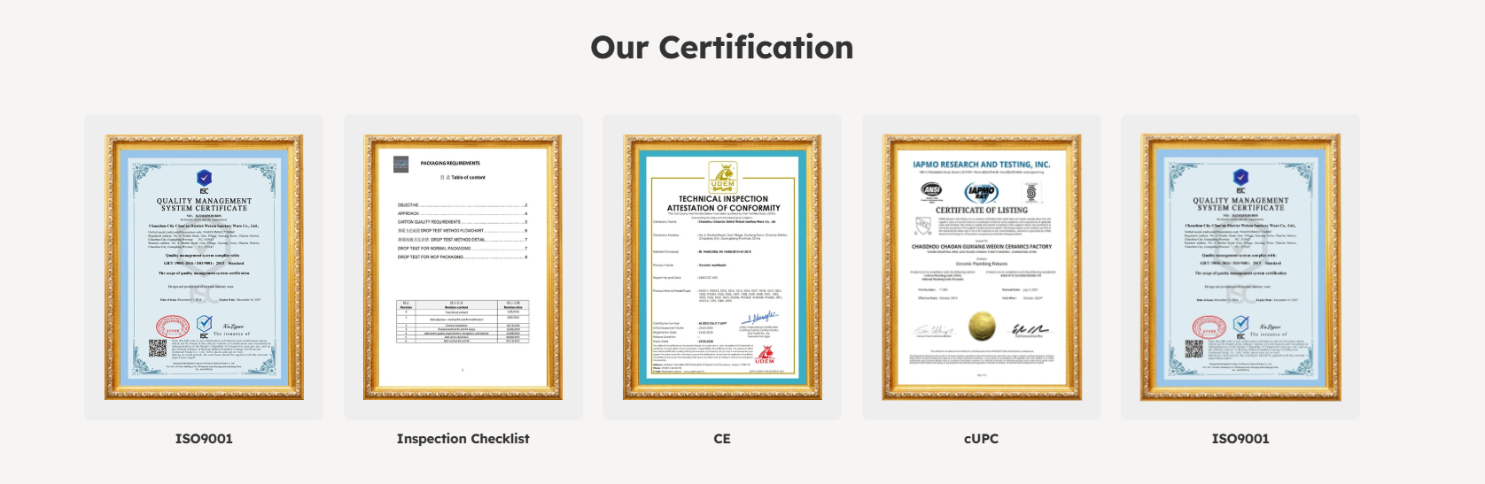 Certification of ISO 9001, CE, cUPC, WaterMark, and BSCI